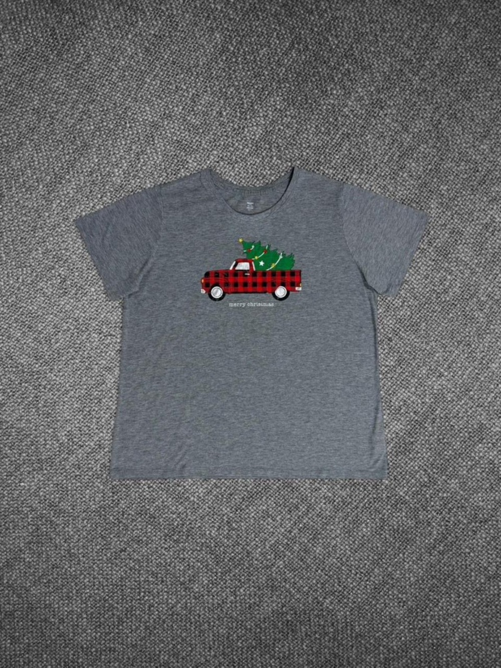 Gray Merry Christmas Plaid Truck Graphic T‑Shirt Size XXL